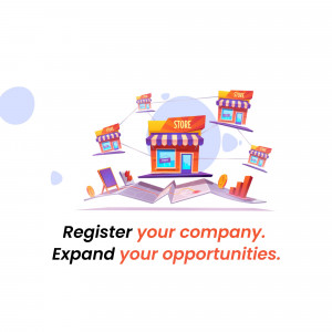 Illustration of multiple store fronts connected by lines, with text promoting company registration and expansion.