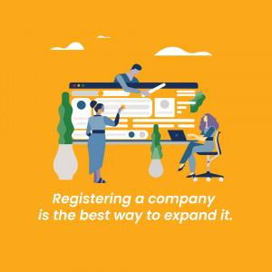 Illustration of people working on a laptop and tablet, representing company registration.
