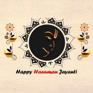 Hanuman Jayanti image with Lord Hanuman's face in a circular design