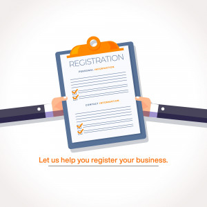 Illustration of hands holding a clipboard with a registration form.