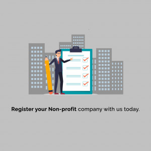 Man with checklist and pencil in front of city buildings, promoting non-profit registration.