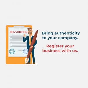 Illustration of a man presenting a registration form with a large pen.