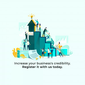 Illustration of people climbing stairs to a lightbulb representing business growth and credibility.