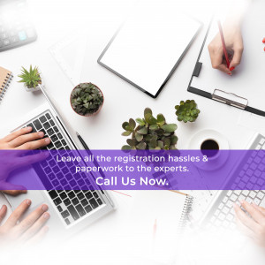 Overhead view of a workspace with laptop, notepad, plants, and hands typing, with a call to action banner.