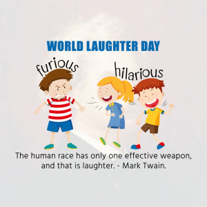Illustration of children laughing with a quote by Mark Twain about laughter.