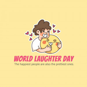 Cartoon illustration of a person hugging a smiling bread loaf with hearts floating around, celebrating World Laughter Day.