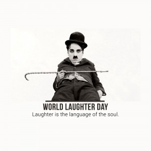 Black and white image of Charlie Chaplin with text 'World Laughter Day'