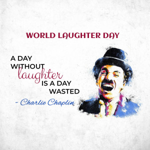 Watercolor illustration of Charlie Chaplin with a quote about laughter for World Laughter Day.
