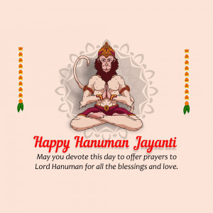Illustration of Lord Hanuman in a meditative pose with decorative elements and text 'Happy Hanuman Jayanti'