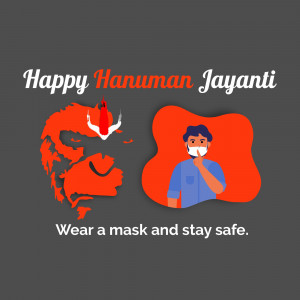 Hanuman Jayanti greeting with a masked Hanuman illustration and safety message.