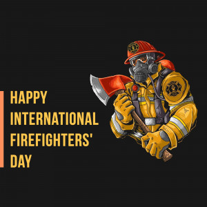 Illustration of a firefighter with an axe and mask, celebrating International Firefighters' Day.