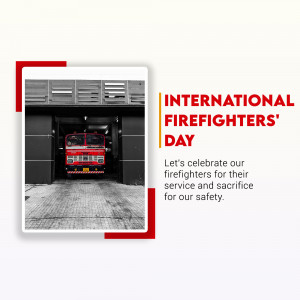 Image commemorating International Firefighters' Day with a fire truck in a station.