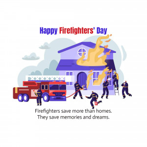Illustration depicting firefighters battling a house fire with the text 'Happy Firefighters' Day'