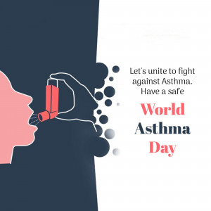 Illustration of a hand holding an inhaler to a person's mouth with text promoting World Asthma Day.