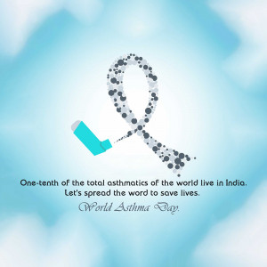 World Asthma Day ribbon with inhaler illustration and awareness message.