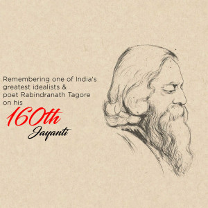 Portrait of Rabindranath Tagore with text commemorating his 160th birth anniversary.