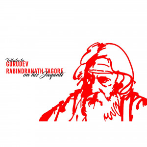 Red sketch of Rabindranath Tagore with text 'Tributes to Gurudev Rabindranath Tagore on his Jayanti'