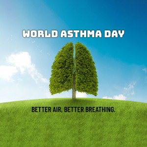 Image depicting lungs shaped like a tree against a blue sky and green field for World Asthma Day.