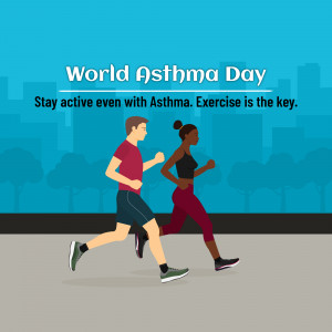 Illustration of a man and woman running in a city, promoting World Asthma Day and exercise.