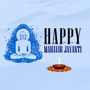 Image depicting Lord Mahavira in meditation with a lit lamp, celebrating Mahavir Jayanti.