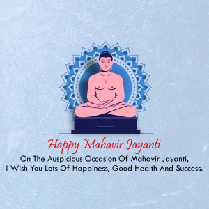 Image depicting Lord Mahavir in a meditative pose with a Mahavir Jayanti greeting.