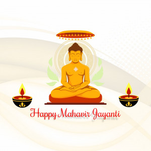 Illustration of Lord Mahavira in a meditative pose with oil lamps and the text 'Happy Mahavir Jayanti'