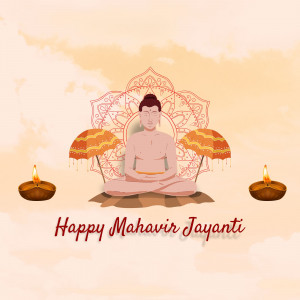 Illustration of Lord Mahavira in a meditative pose with decorative elements and the text 'Happy Mahavir Jayanti'