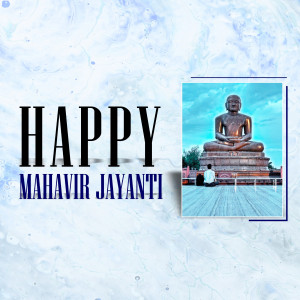 Image depicting a Mahavir Jayanti greeting with a statue of Lord Mahavira.