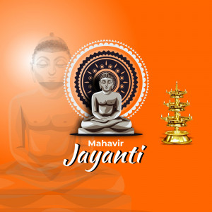 Image depicting Lord Mahavira and celebratory elements for Mahavir Jayanti