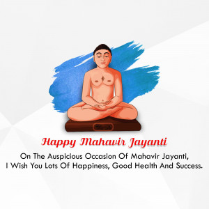 Illustration of Lord Mahavira in a meditative pose with a blue brushstroke background and text wishing a Happy Mahavir Jayanti.