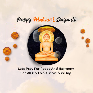 Mahavir Jayanti greeting with a statue of Lord Mahavira