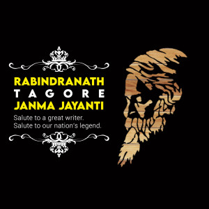Portrait of Rabindranath Tagore with text celebrating his birth anniversary