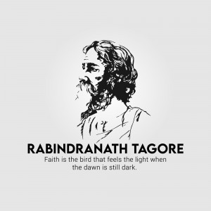 Black and white sketch of Rabindranath Tagore with a quote.