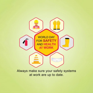 Illustration depicting safety equipment and the World Day for Safety and Health at Work message.