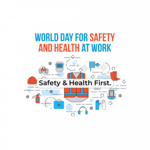 Illustration promoting World Day for Safety and Health at Work with safety equipment icons.