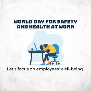 Illustration of a stressed employee at a desk for World Day for Safety and Health at Work