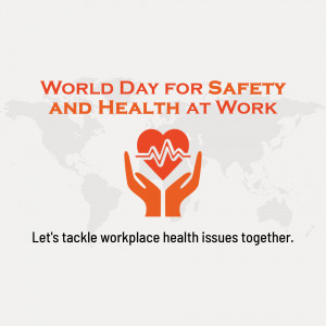 World Day for Safety and Health at Work graphic with hands cradling a heart and pulse line.