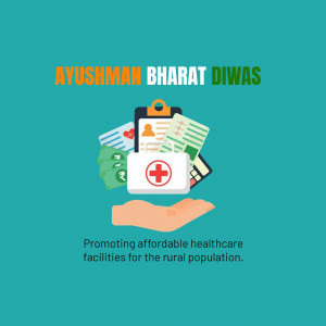 Ayushman Bharat Diwas promotional image with healthcare symbols and text.