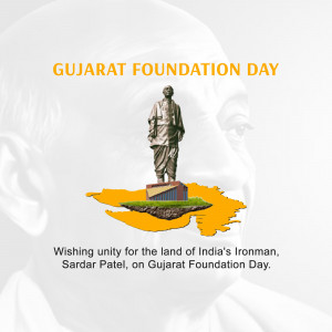 Gujarat Foundation Day celebration featuring a statue of Sardar Patel and a map of Gujarat.