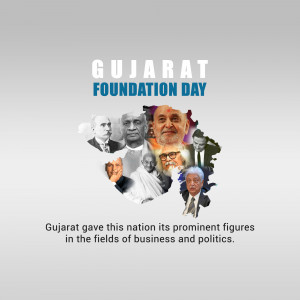Gujarat Foundation Day poster with portraits of prominent figures