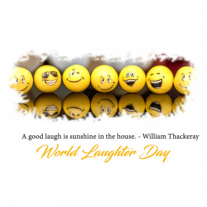 A collection of smiley faces peeking through a torn paper background with a quote about laughter.