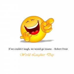 A yellow smiling emoji pointing and laughing with text celebrating World Laughter Day.