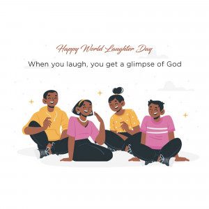 Illustration of four diverse friends laughing together with text 'Happy World Laughter Day'