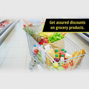 A shopping cart filled with fresh grocery items with a banner promoting discounts.