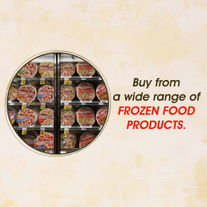 A circular image showcasing a freezer filled with various frozen food products, with text promoting a wide range of options.