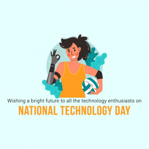 Illustration of a woman with prosthetic arms holding a volleyball and making an 'OK' sign, celebrating National Technology Day.