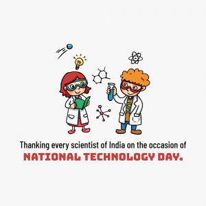 Cartoon illustration of two children dressed as scientists with science-related icons and text celebrating National Technology Day.