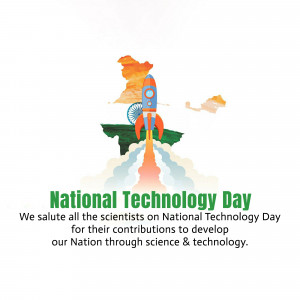 National Technology Day greeting with a rocket launching from a map of India