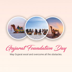 Gujarat Foundation Day image with desert scenes and text