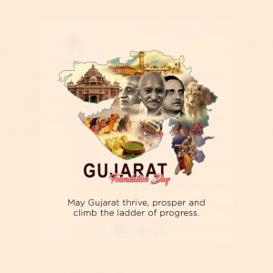 Gujarat Foundation Day celebration with map and iconic figures